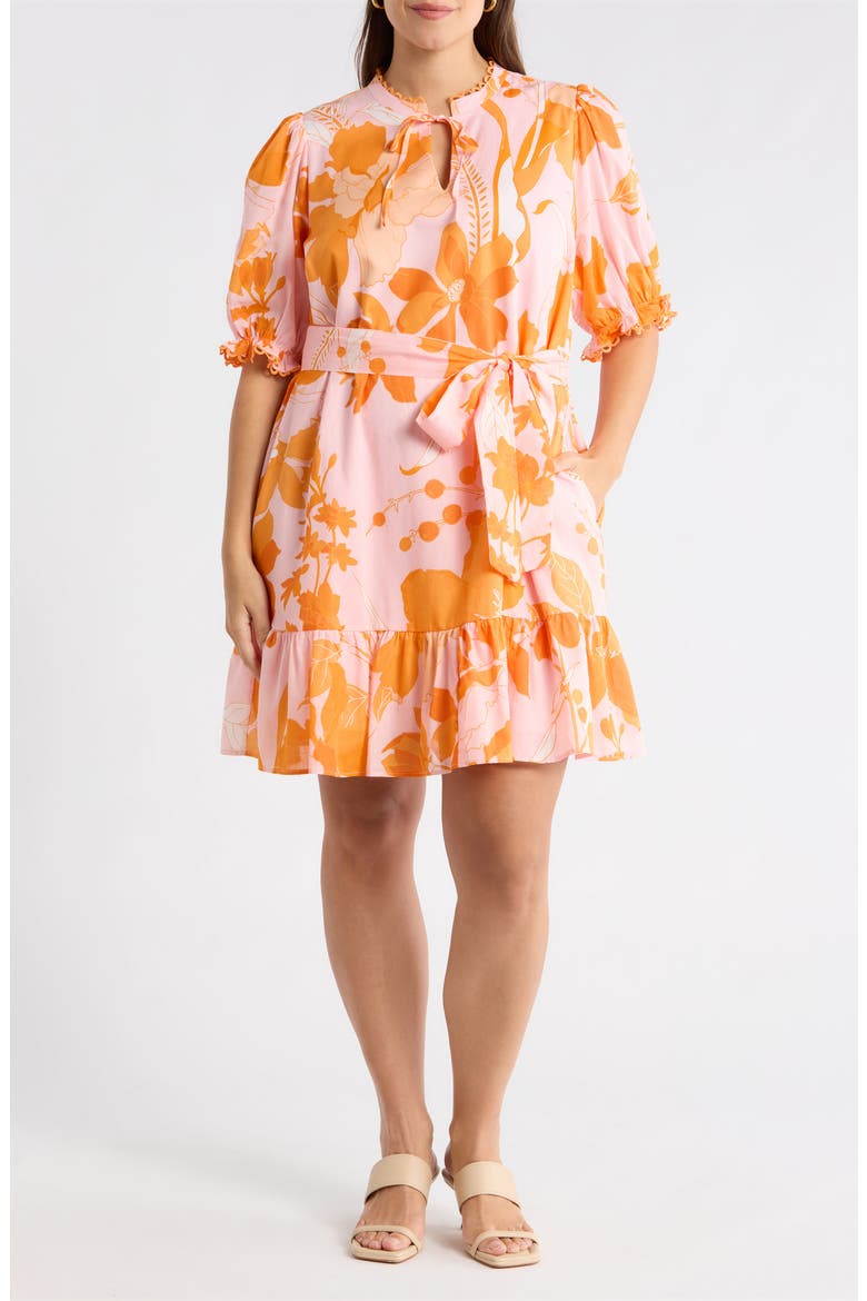Lenira Floral Negin Split Neck Minidress, Main, color, PINK-ORANGE