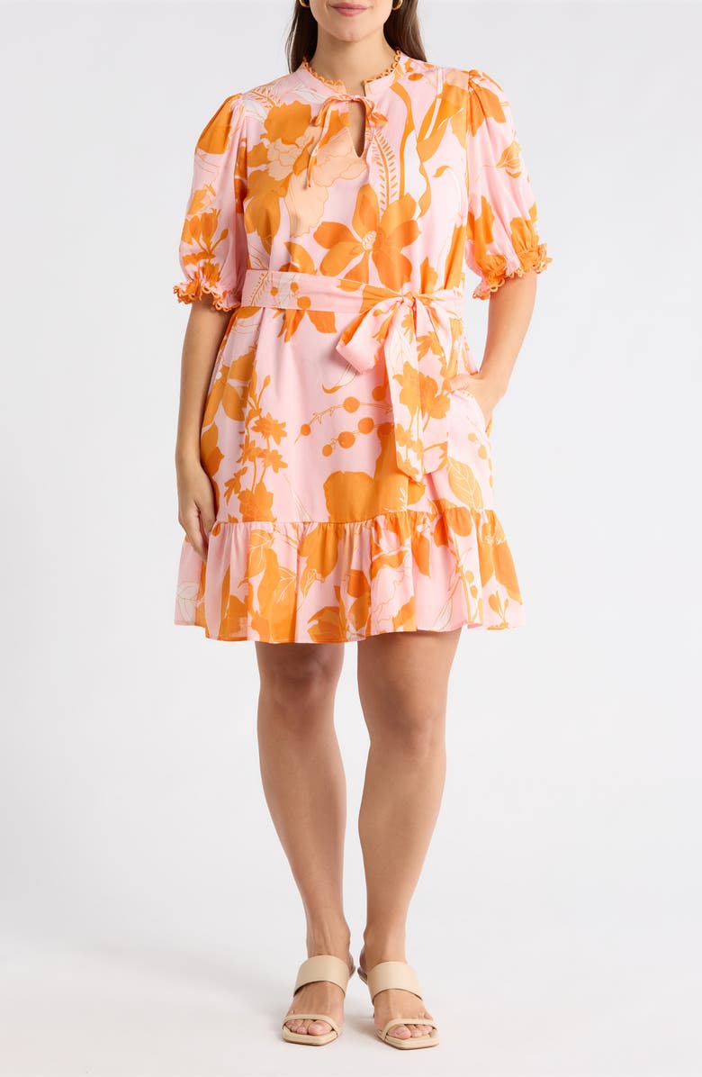 SUGARLIPS Lenira Floral Negin Split Neck Minidress, Main, color, Pink-Orange