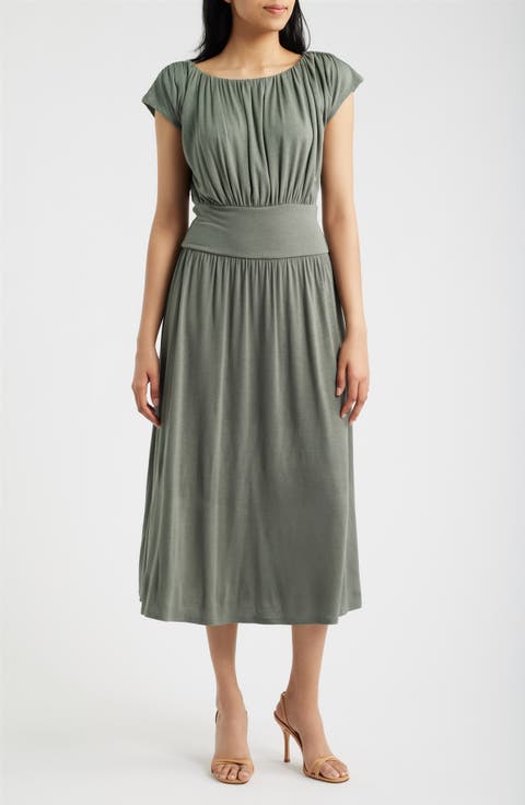 Cap Sleeve Ruched Knit Midi Dress