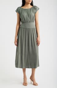 Loveappella Cap Sleeve Ruched Knit Midi Dress