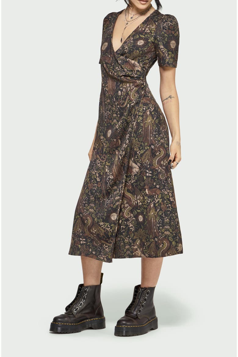 Haunt Medieval Print Wrap Midi Dress, Alternate, color, Brown