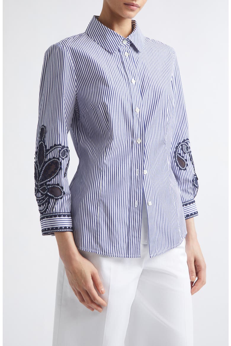 Ana Embroidered Stripe Cotton Button-Up Shirt, Main, color, WHITE/ BLUE