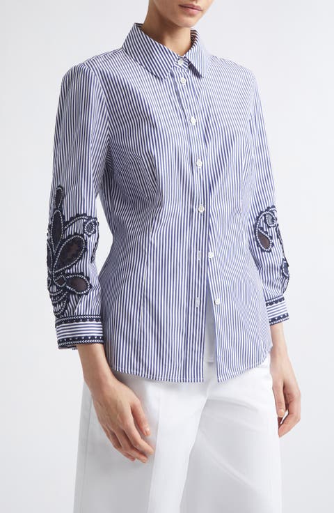 Ana Embroidered Stripe Cotton Button-Up Shirt