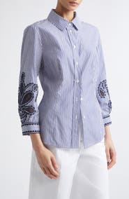 Carolina Herrera Ana Embroidered Stripe Cotton Button-Up Shirt