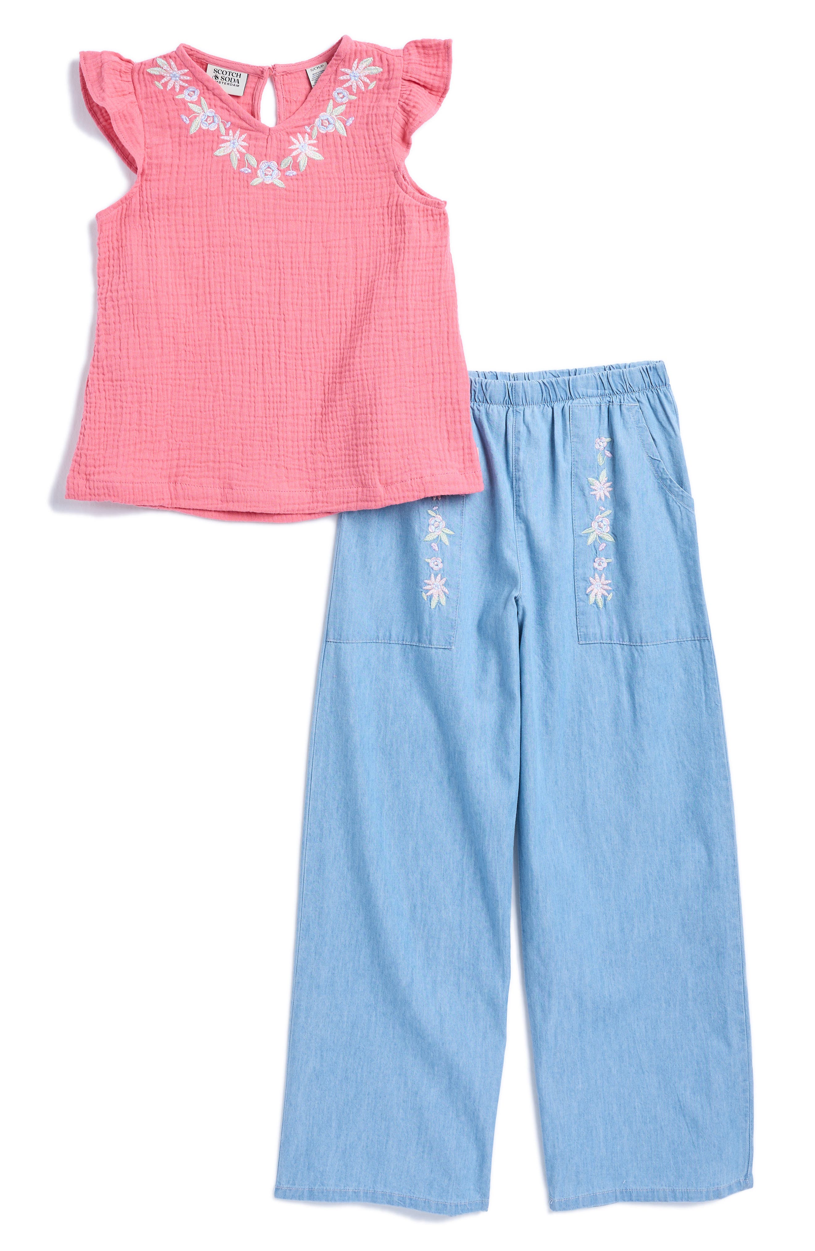 Scotch & Soda Kids' Embroidered Ruffle Sleeve Seersucker Top & Denim ...
