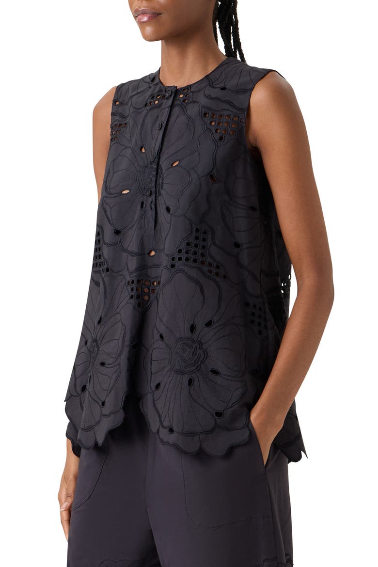 Flower Eyelet Sleeveless Cotton Poplin Top, Alternate, color, BLACK