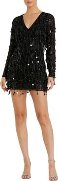 Mac Duggal Long Sleeve Beaded Fringe Plunge Neck Dress