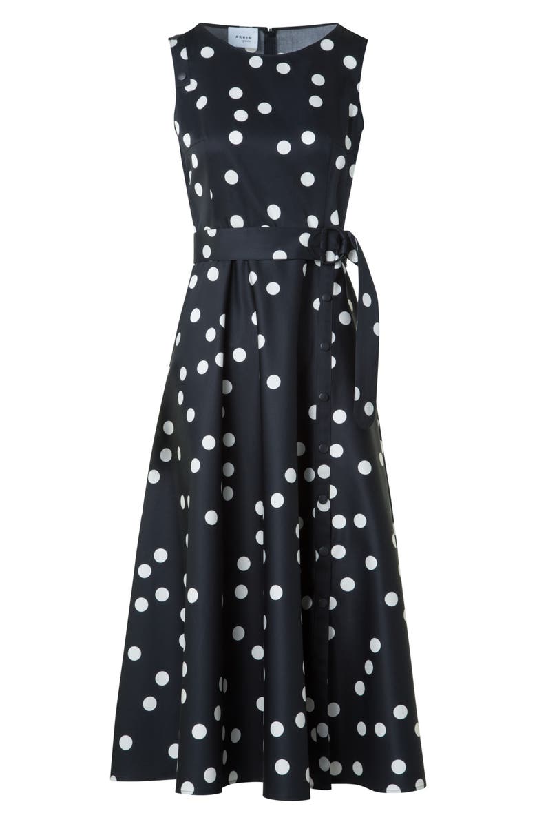 Akris punto Polka Dot Sleeveless Belted Midi Dress, Alternate, color, Black-Cream