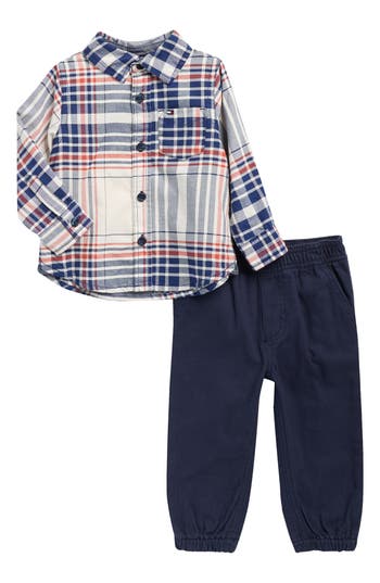 Tommy Hilfiger Plaid Woven Button-up Shirt & Joggers Set In Blue