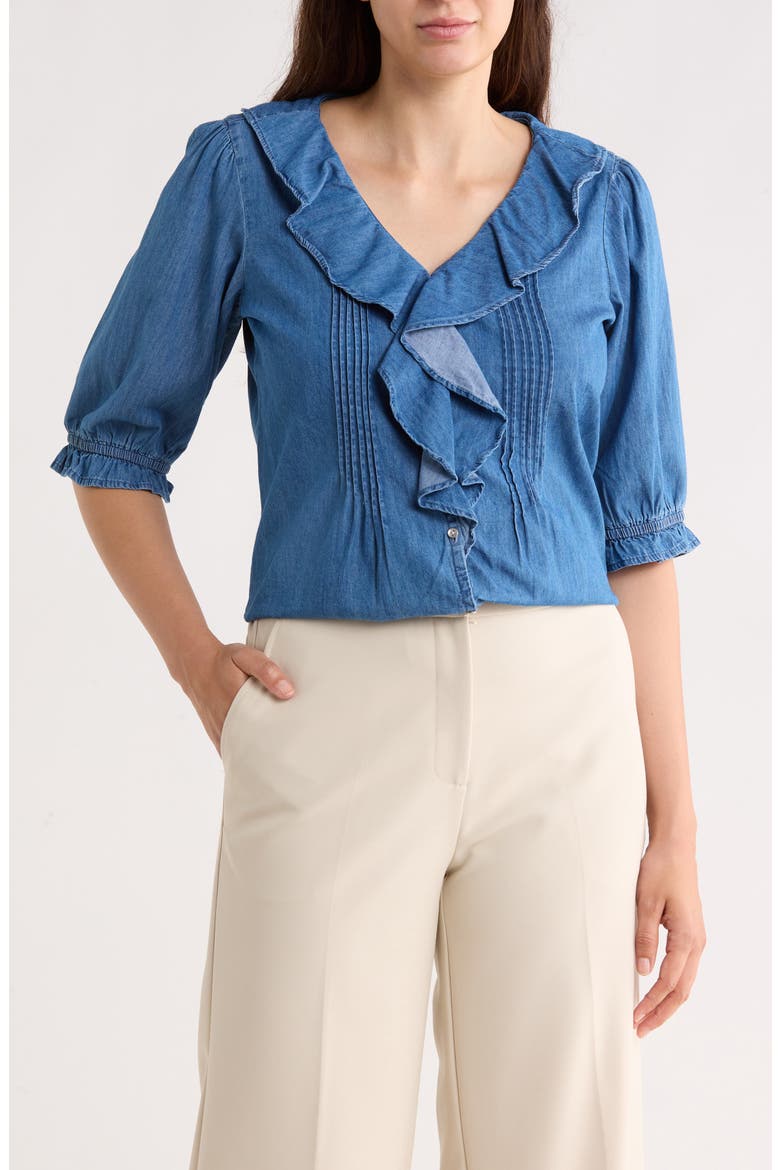 Ruffle Puff Sleeve Denim Button-Up Top, Main, color, MEDIUM WASH