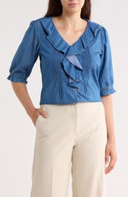 Trove New York Ruffle Puff Sleeve Denim Button-Up Top