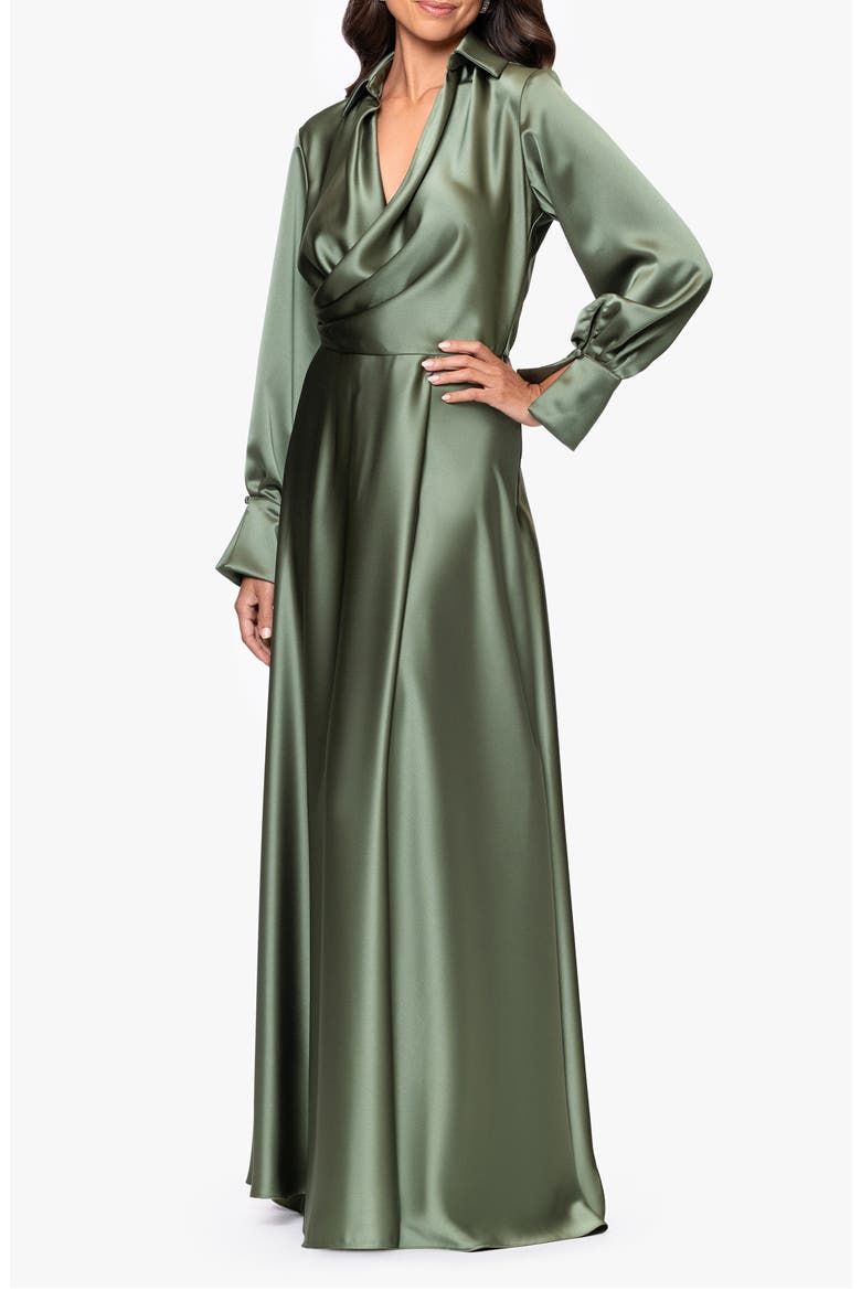 Spread Collar Long Sleeve Satin Gown, Alternate, color, OLIVE