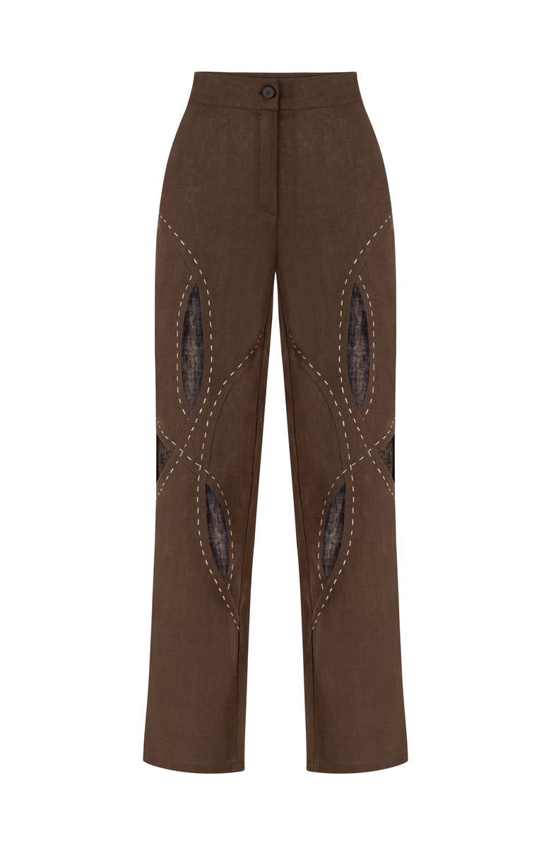 Labeca London Asher Cappuccino Linen Cut Out Contrast Stitch Pants, Alternate, color, Brown