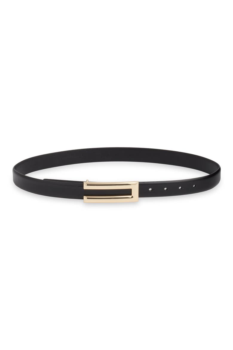 Alia Plaque Buckle Leather Belt, Main, color, BLACK