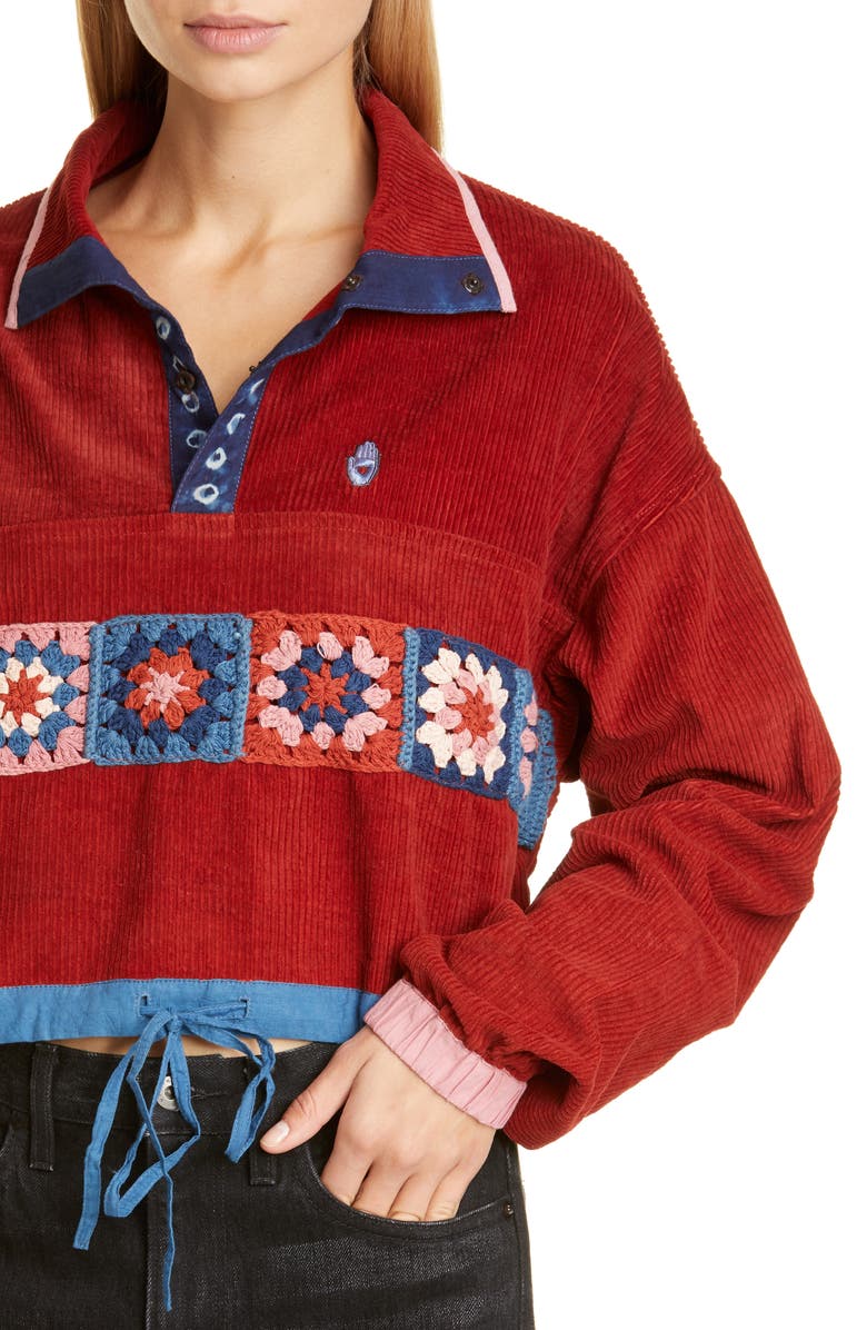 Story mfg. Polite Crochet Panel Corduroy Crop Pullover, Alternate, color,
