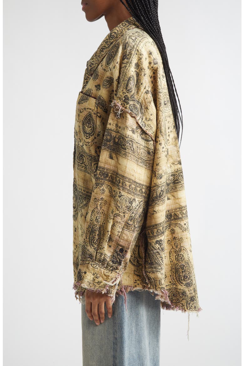 Oversize Shredded Seam Drop Neck Button-Up Shirt, Alternate, color, KHAKI BANDANA BLACK OVERPRINT