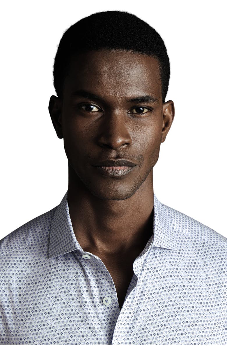 Charles Tyrwhitt Slim Fit Semi-Cutaway Collar Non-Iron Floral Geo Print Shirt, Alternate, color, Cobalt Blue