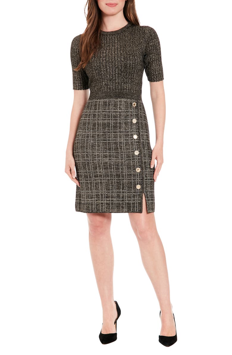 London Times Elbow Length Sleeve Side Button Dress, Main, color, Black/ Gold