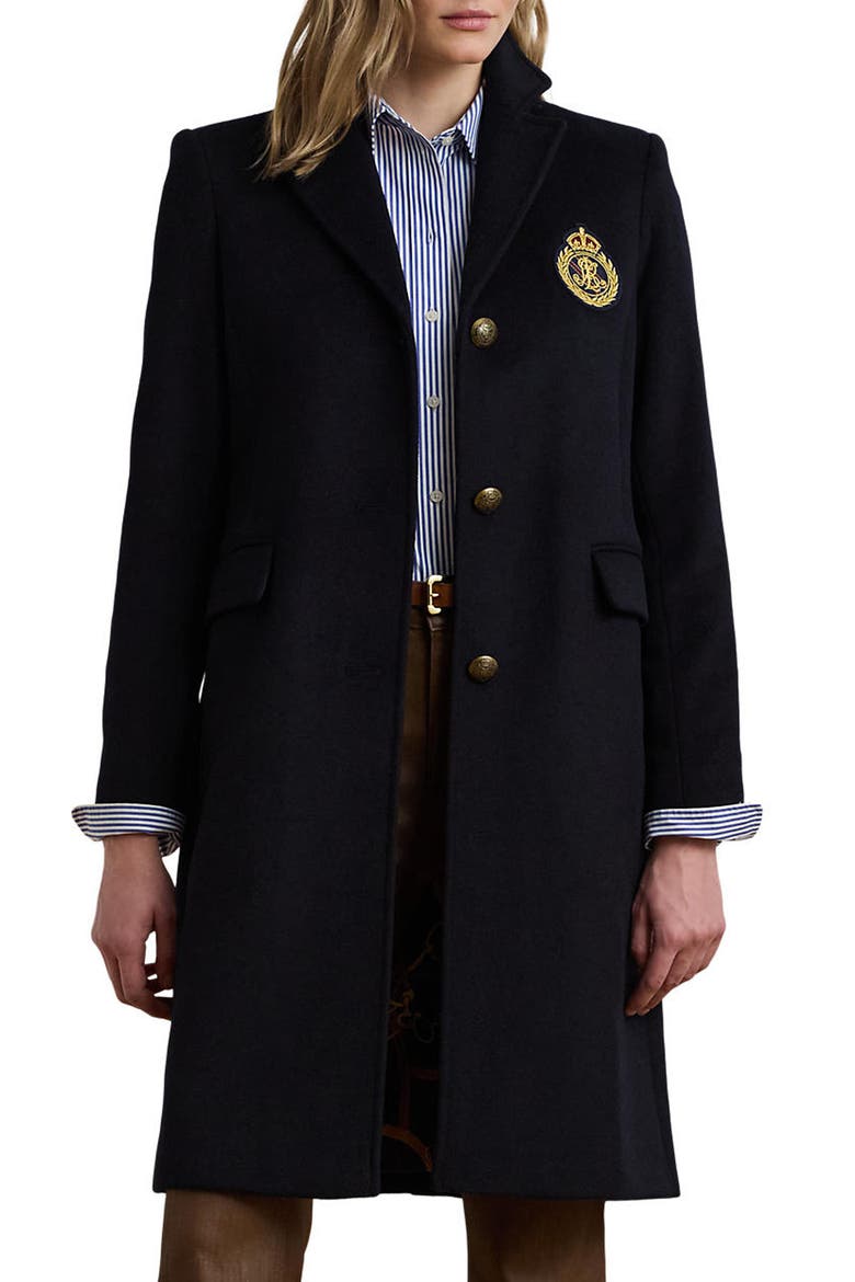Crest Patch Wool Blend Reefer Coat, Main, color, REGAL NAVY