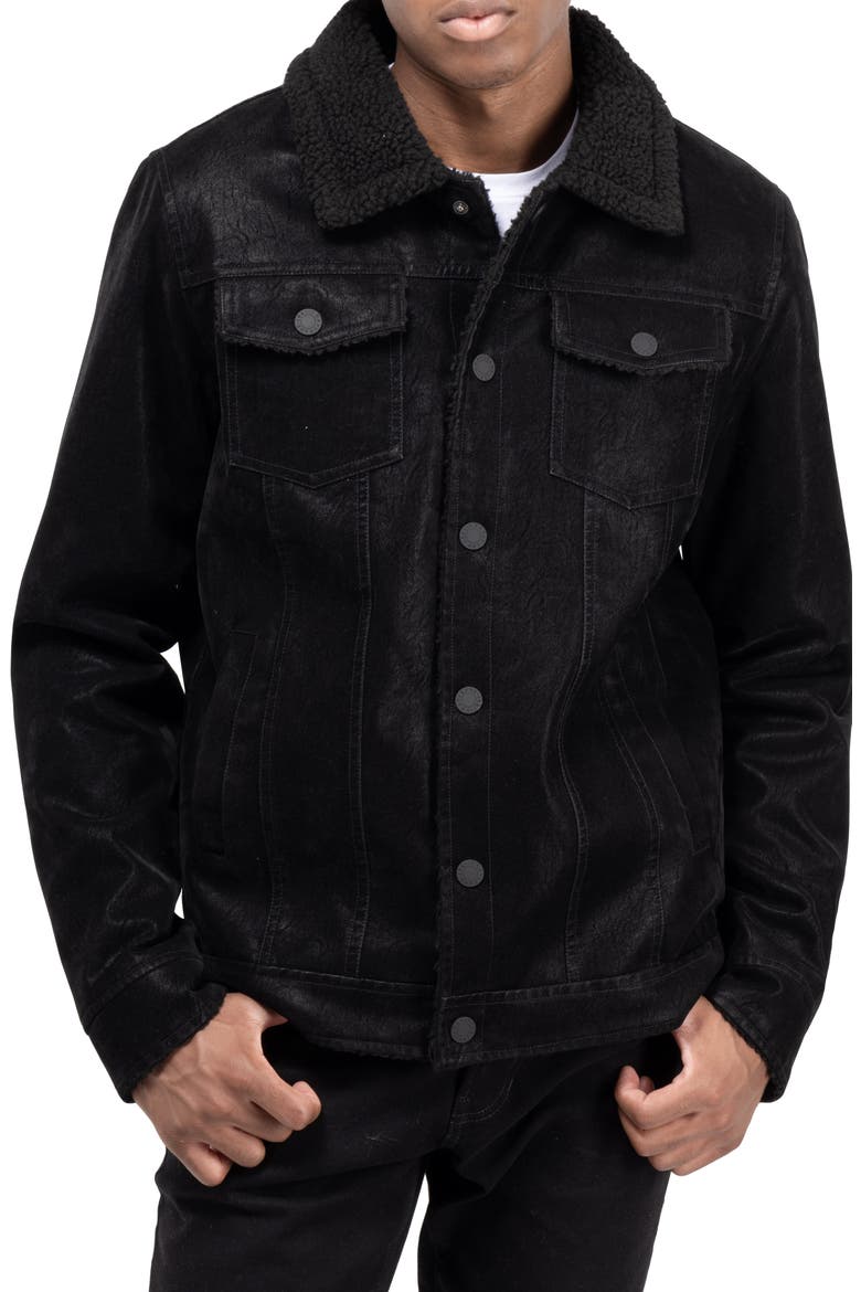 Faux Shearling Lined Trucker Jacket, Main, color, BLACK