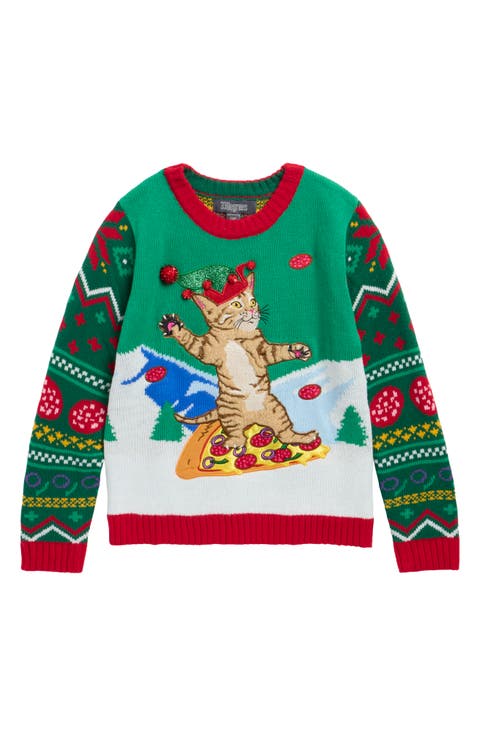 Snowboarding Pizza Cat Sweater