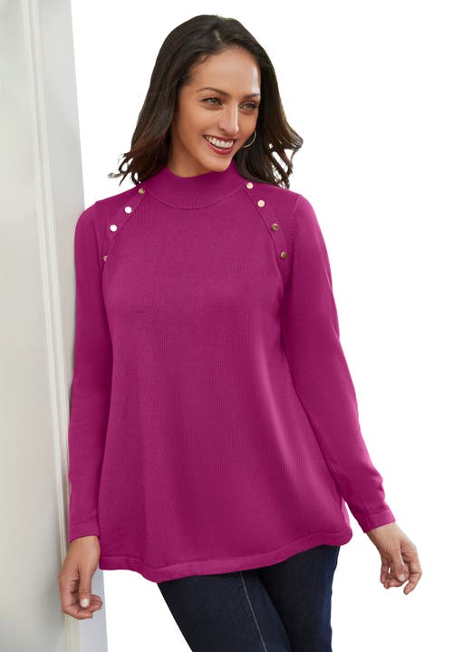Jessica London Gold Button Mockneck Sweater In Purple