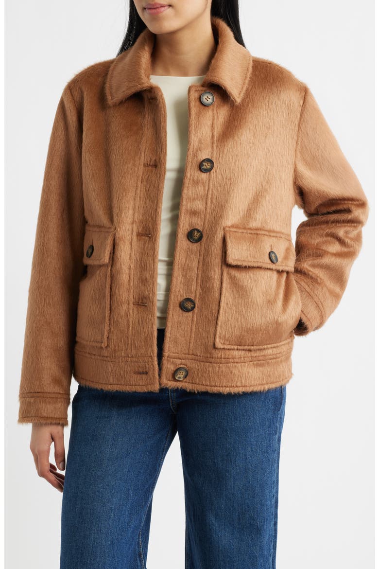 Faux Calf Hair Trucker Jacket, Alternate, color, CAMEL