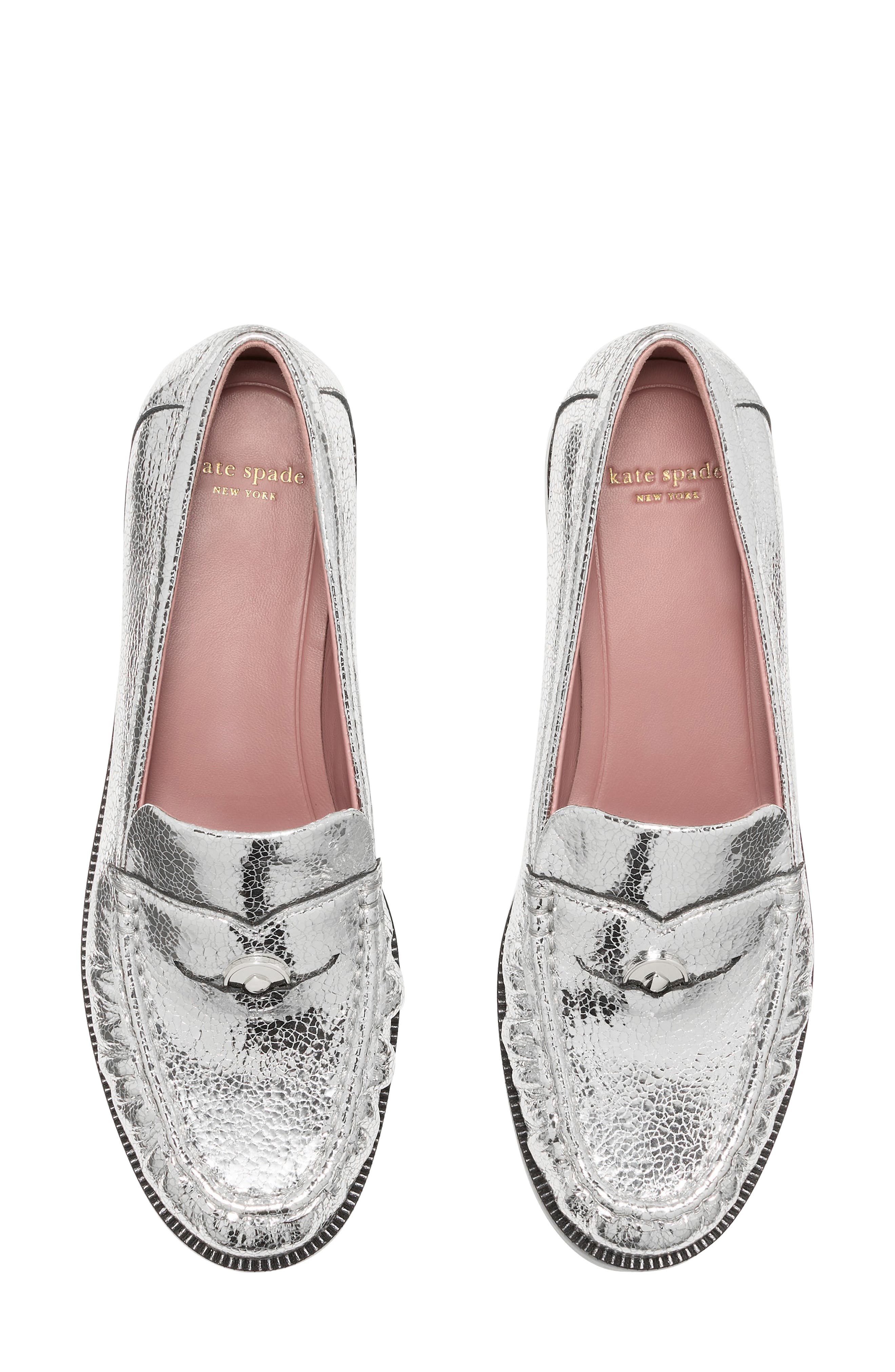 metallic leather penny loafer, Alternate, color, SILVER