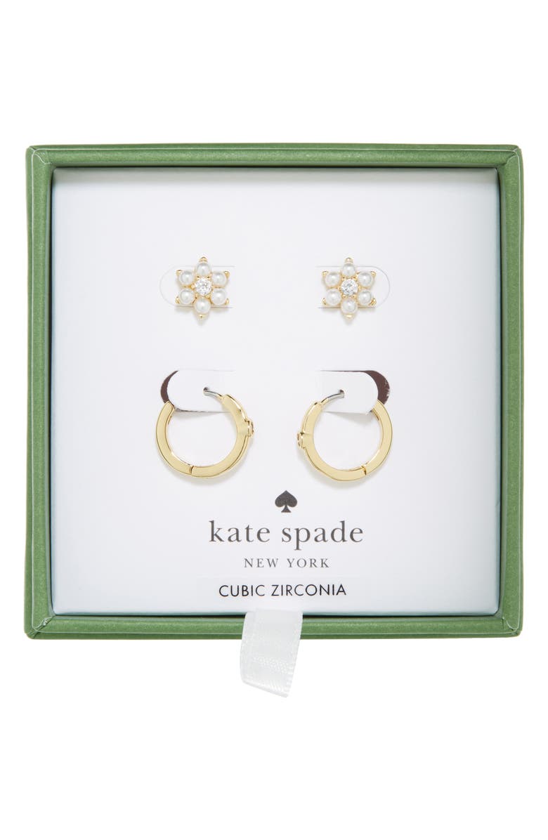 Kate Spade New York set of 2 faux pearl cluster hoop earrings, Main, color, Cream/ Clear/ Gold