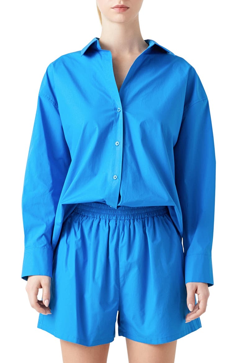 Oversize Cotton Button-Up Shirt, Main, color, BLUE