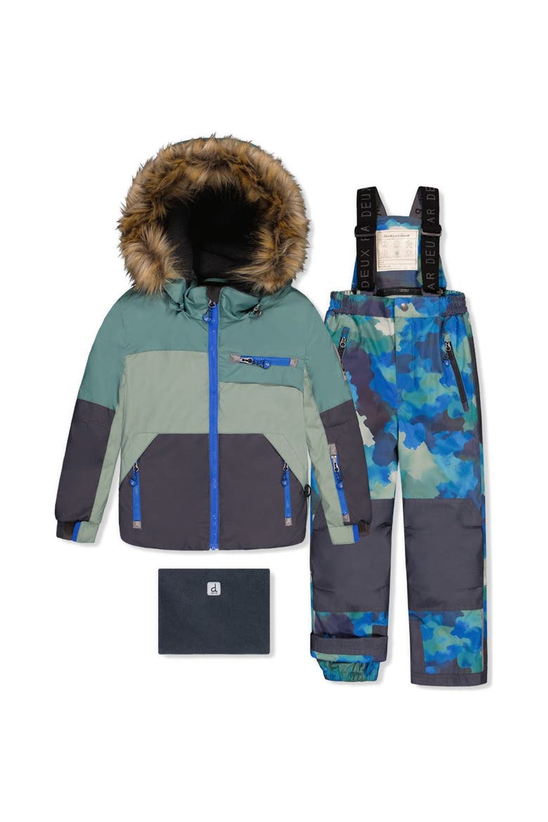Play Faux Fur Hood Jacket & Camouflage Pants Two Piece Snowsuit, Main, color, Blue Camouflage