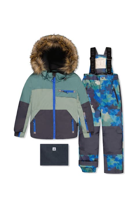 Play Faux Fur Hood Jacket & Camouflage Pants Two Piece Snowsuit