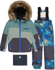 Deux par Deux Play Faux Fur Hood Jacket & Camouflage Pants Two Piece Snowsuit