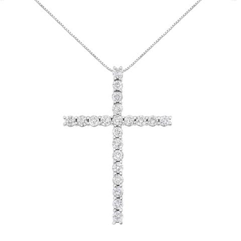 Silver 4.0 Cttw Diamond 2-1/4" Cross Pendant with Box Chain Necklace