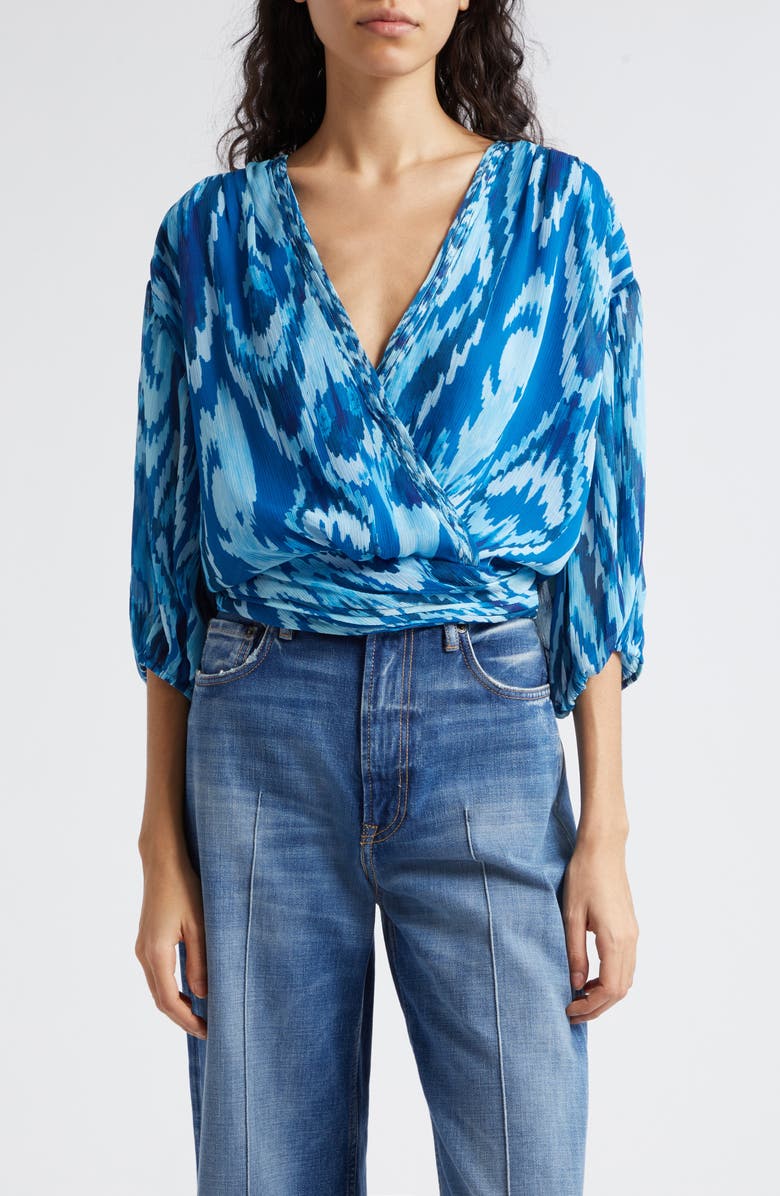 Ramy Brook Blaire Print Wrap Top, Main, color, Laguna Blue Taza Ikat Print