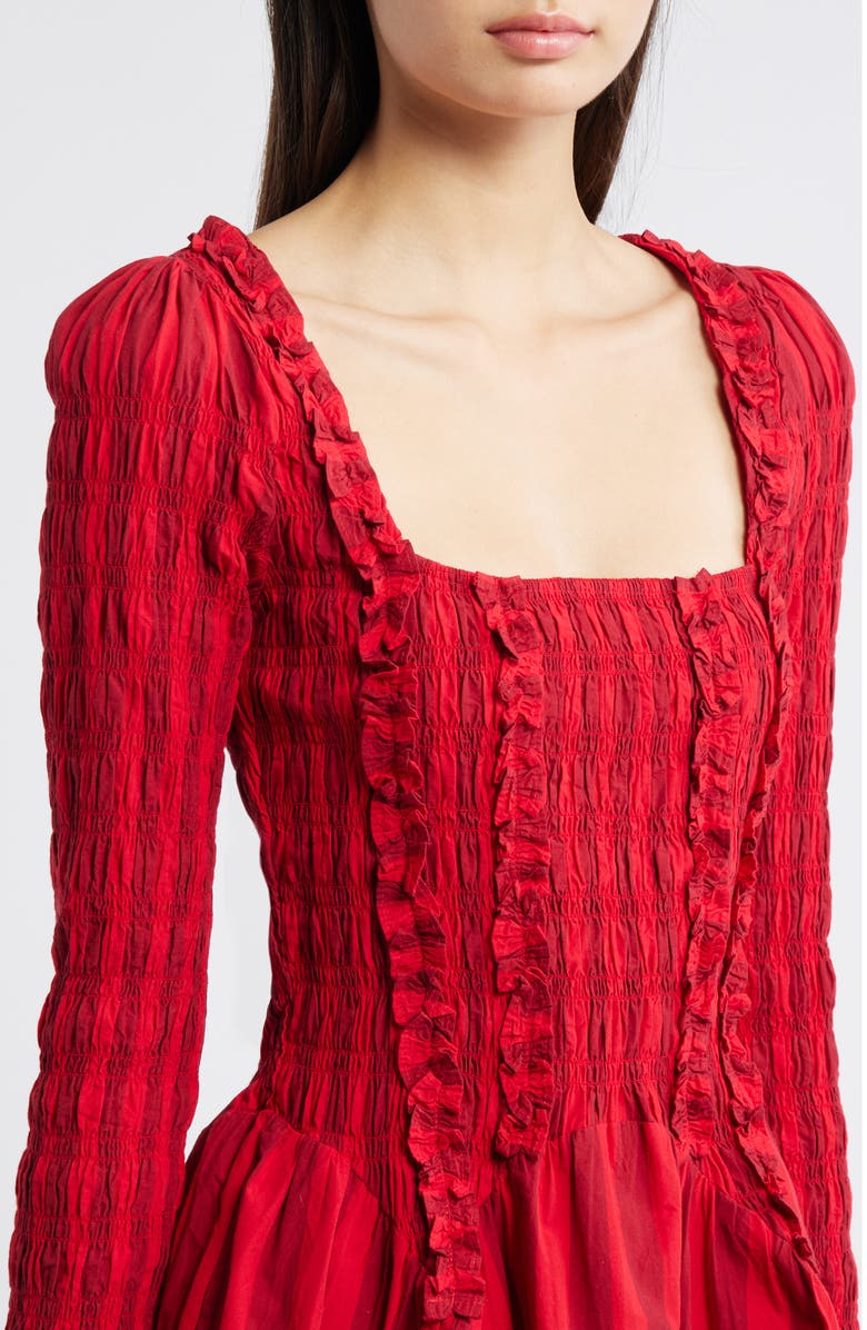 Damson Madder Raphaela Ruffle Long Sleeve Organic Cotton Minidress, Alternate, color, Red