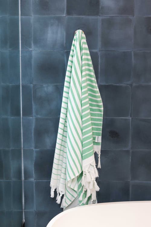 Infusezen Gradient Striped Organic Turkish Towel With Soft Terry Cloth Back In Green