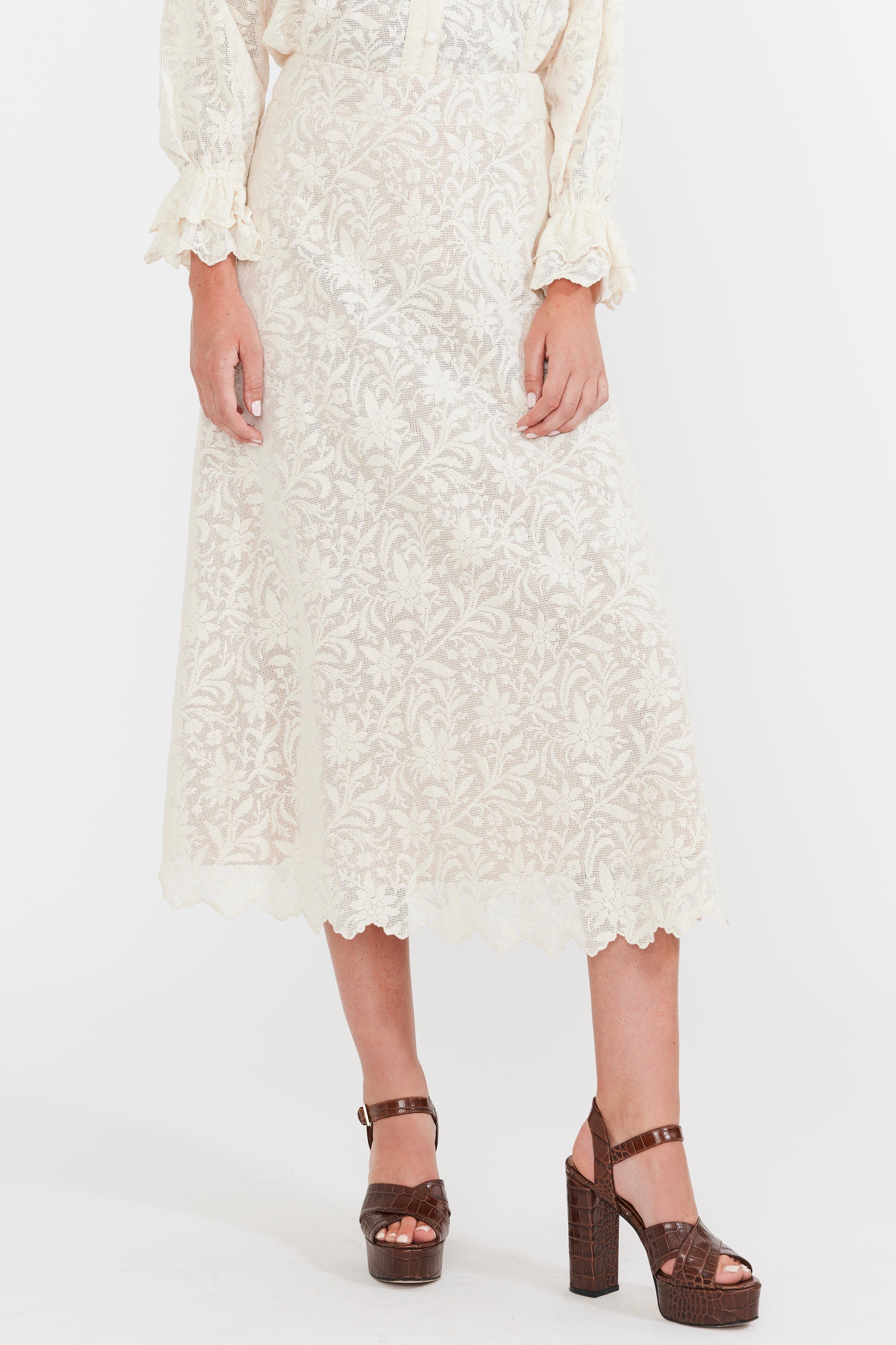 Eddy Carly Midi Skirt in Ivory Crochet Lace 