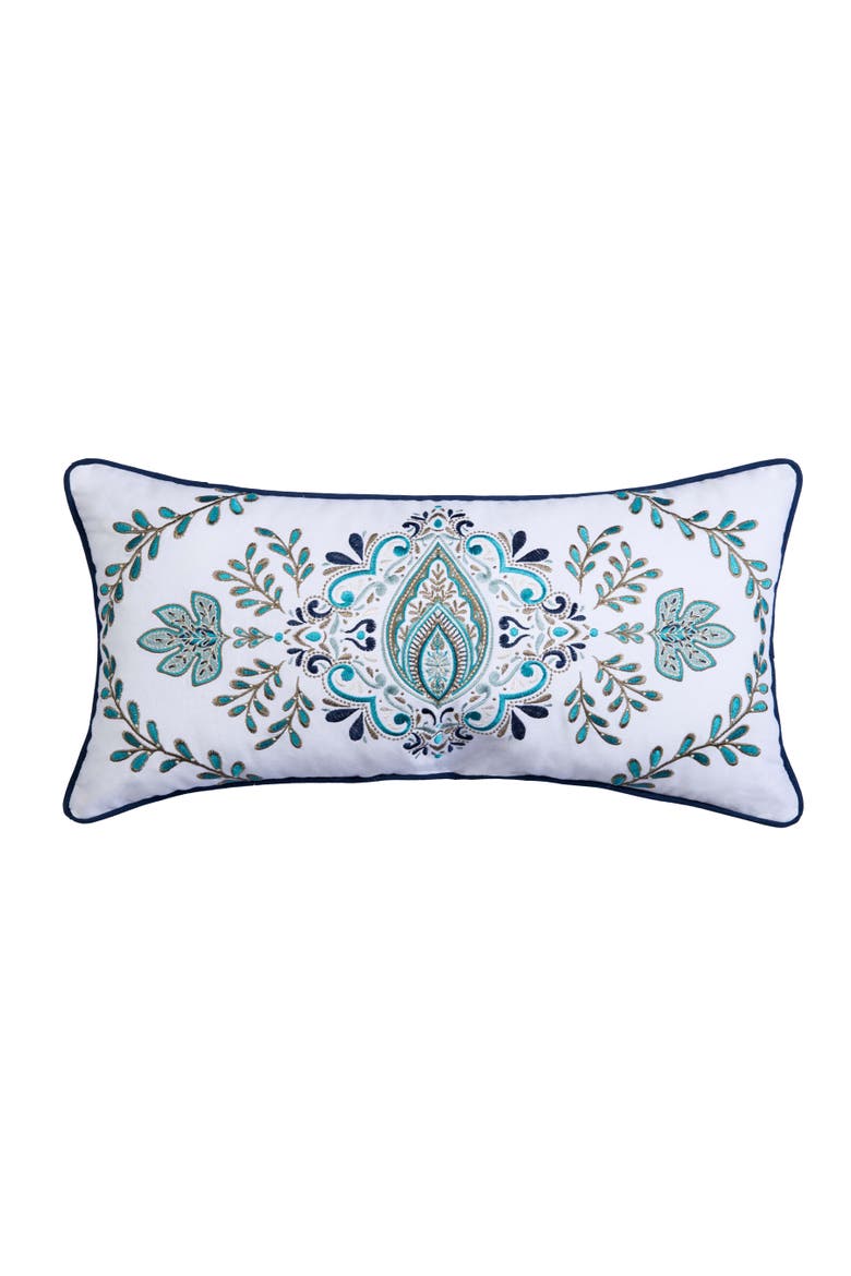 Bailey Medallion Embroidered Cotton Blend Accent Pillow 12" x 24", Main, color, Blue