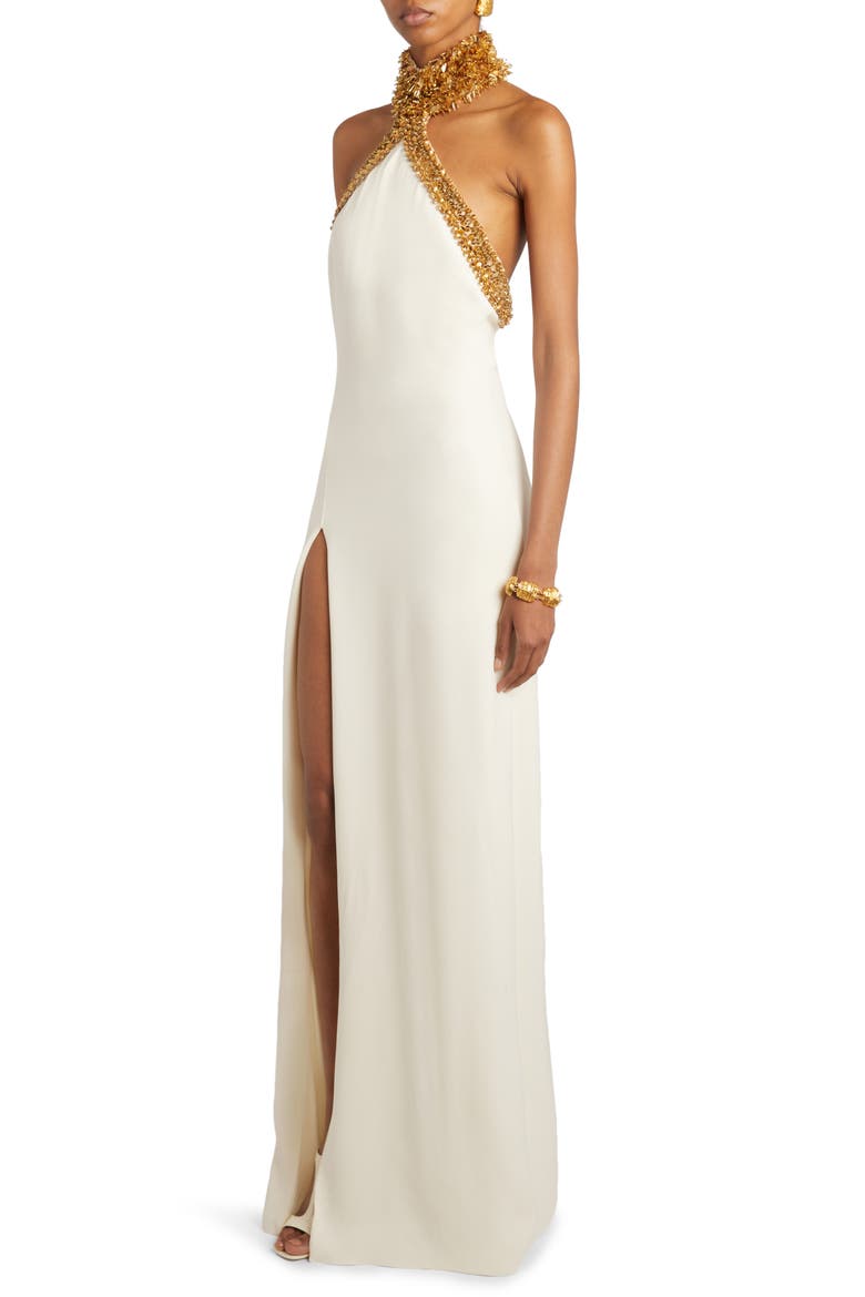 Beaded Fringe Halter Gown, Alternate, color, GOLD/ ECRU