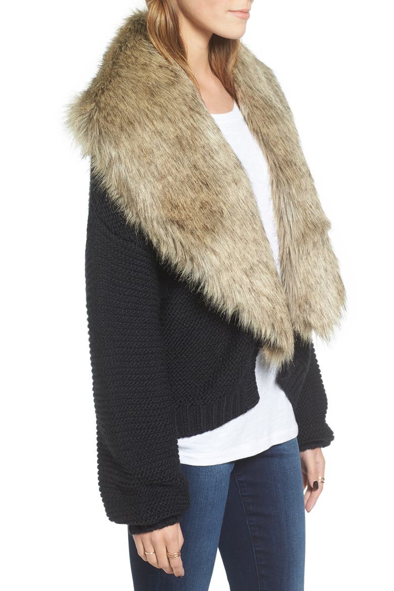 Faux Fur Collar Cardigan, Alternate, color, BLACK