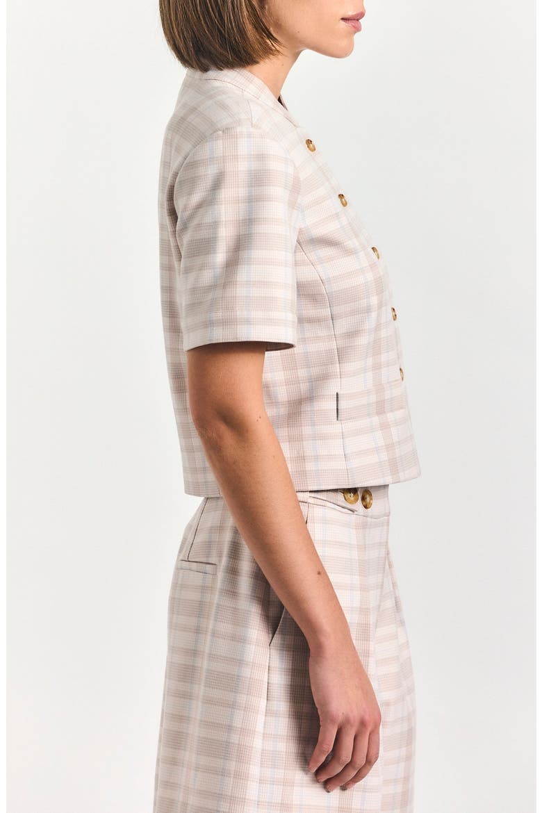 Grace Plaid Short Sleeve Jacket, Alternate, color, TAUPE/ BLUE PLAID