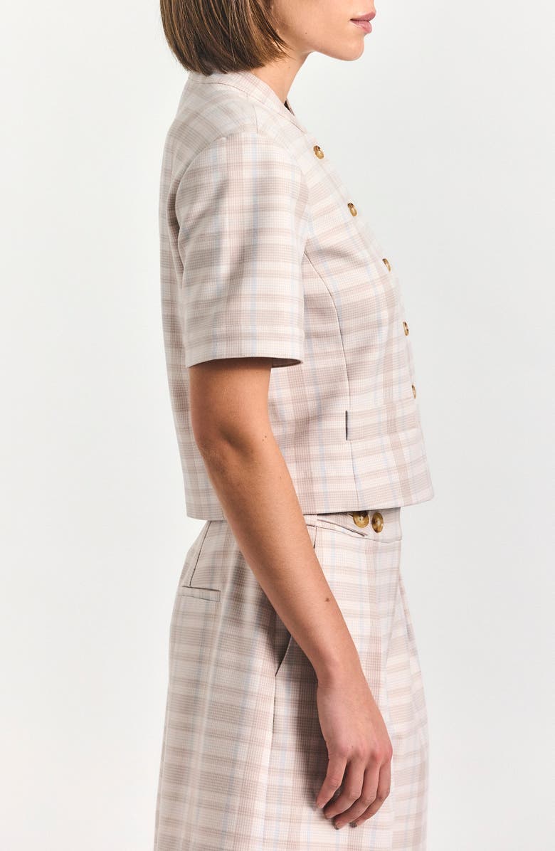Derek Lam 10 Crosby Grace Plaid Short Sleeve Jacket, Alternate, color, Taupe/ Blue Plaid