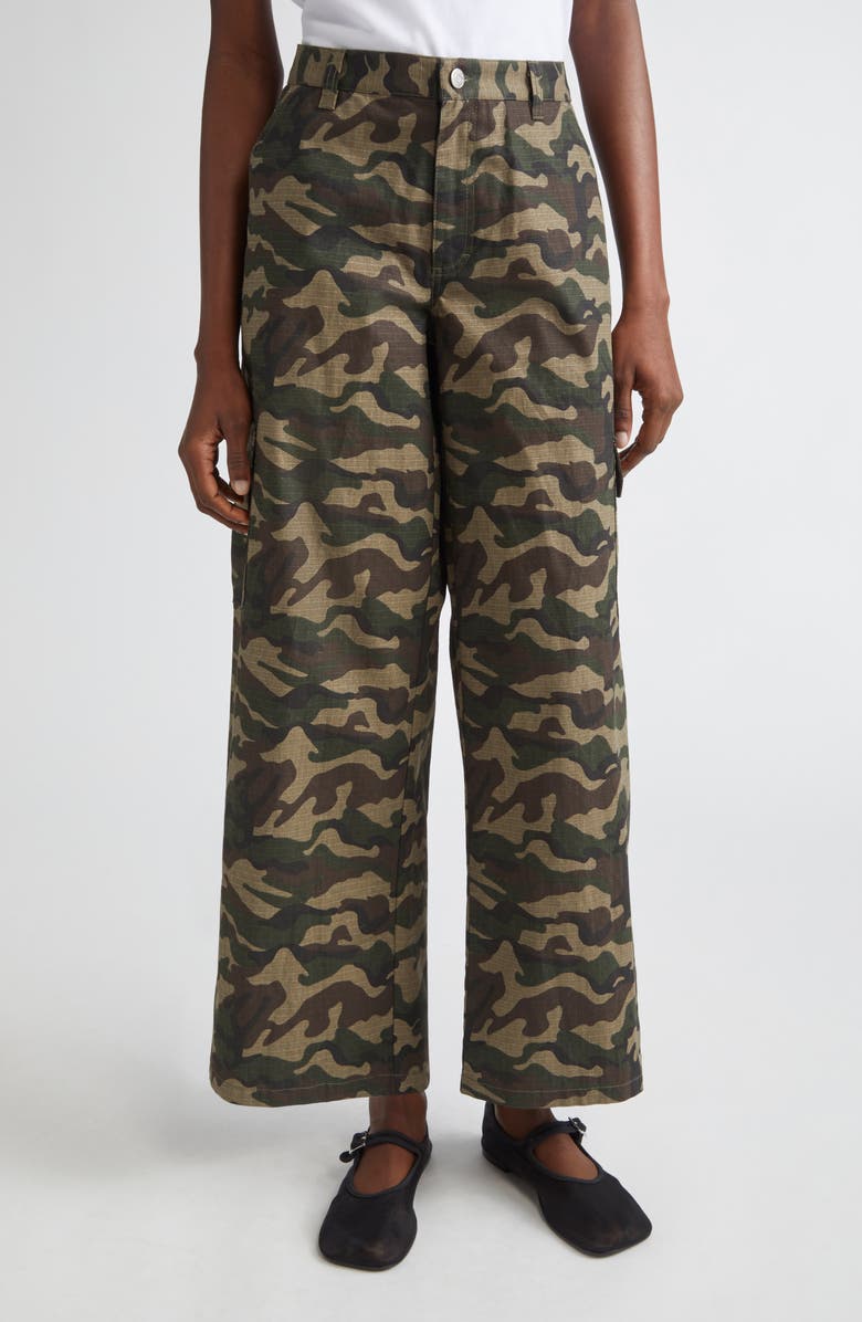 Sandy Liang Sorano Bow Embroidered Wide Leg Camo Cargo Pants, Main, color, Green Multi