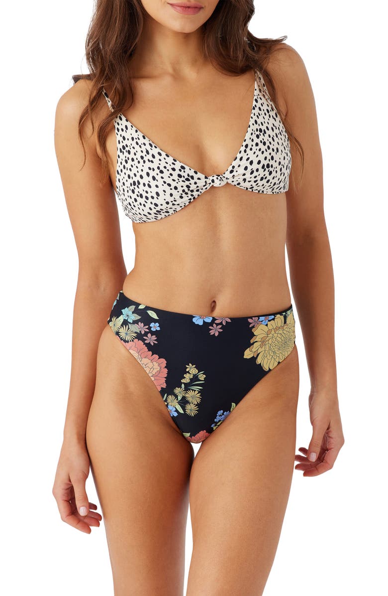 O'Neill Kali Floral High Cut Bikini Bottoms, Alternate, color, Black