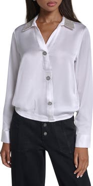 KARL LAGERFELD PARIS Crystal Collar Satin Surplice Shirt