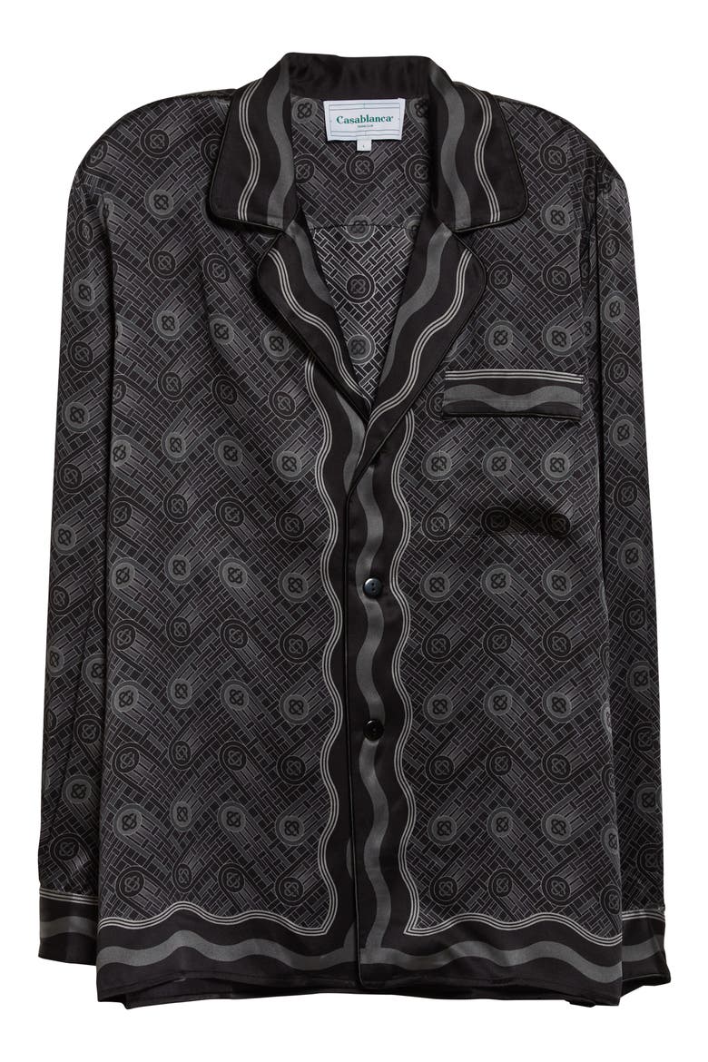 Men's Ping Pong Print Silk Button-Up Pajama Shirt, Alternate, color, BLACK PING PONG MONOGRAM