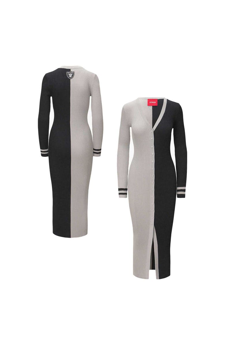 STAUD Women's STAUD Silver/Black Las Vegas Raiders Shoko Knit Button-Up Sweater Dress, Main, color, Silver