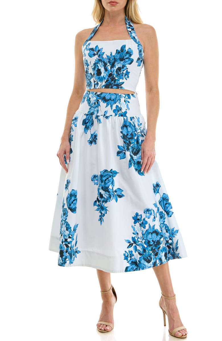 Socialite Floral Halter Crop Top & Midi Skirt Set, Main, color, White Blue