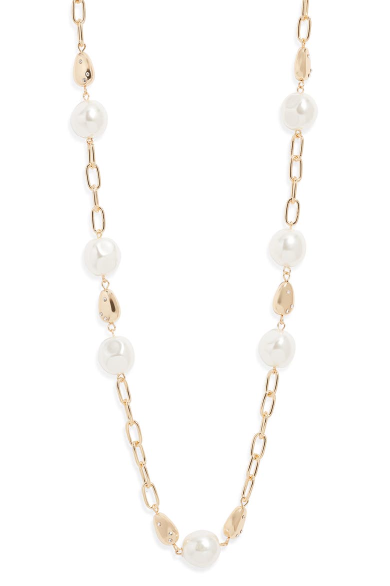 Faux Pearl Station Chain Long Necklace, Alternate, color, CLEAR- WHITE- GOLD